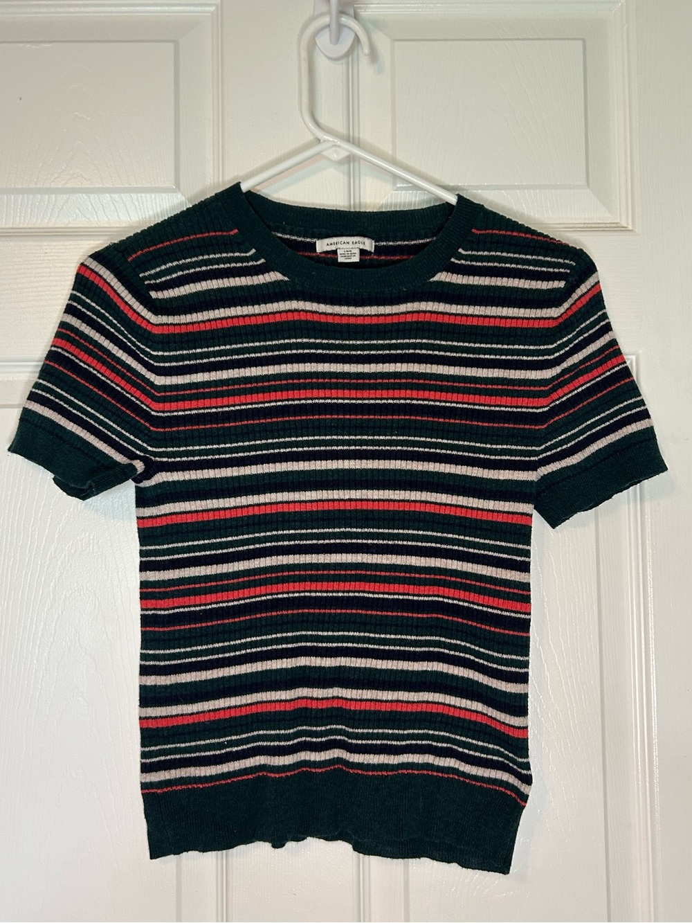American Eagle Outfitters Green Crewneck Sweater with Red & White Stripes